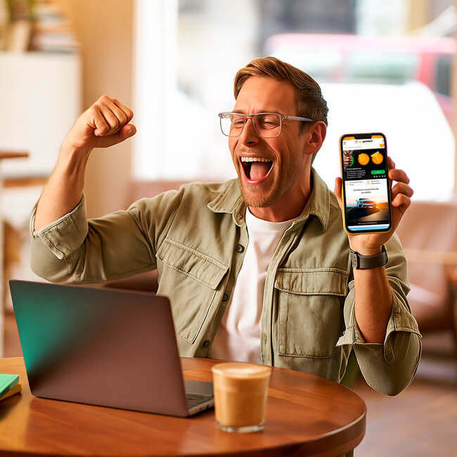 Imagem ilustrativa de um homem com celular em sua mãos comemorando