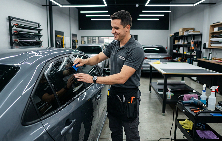 Imagem ilustrativa de um homem aplicando película em um carro