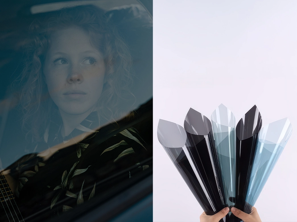 Uma mulher dentro de um carro com a pelicula nano aplicada no vidro