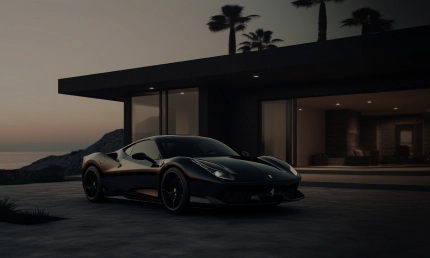 Carro esportivo da cor preta em frente uma casa de luxo