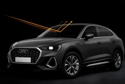 Carro SUV cinza com 3 setas apontando para o vidro