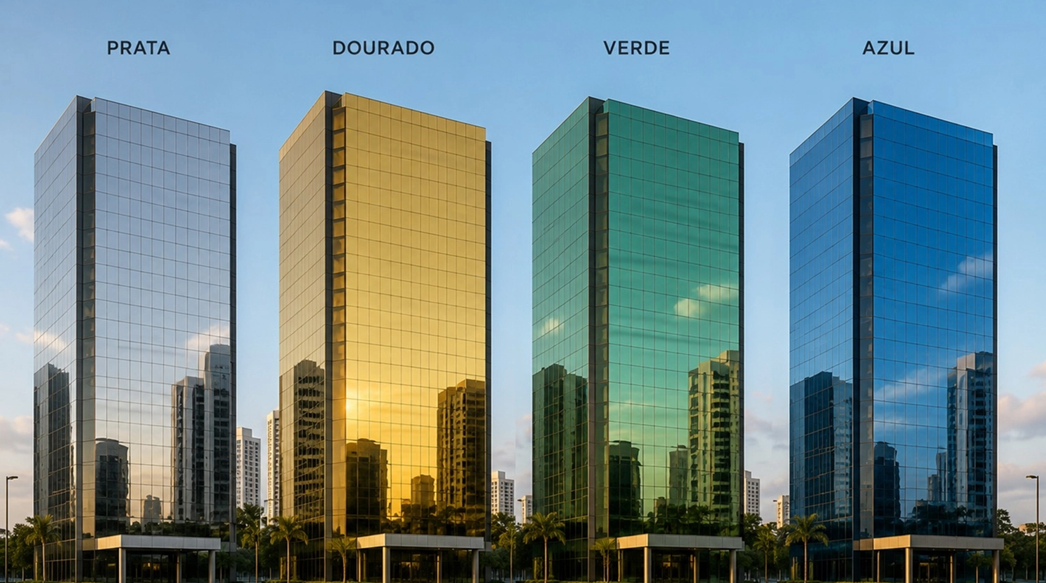 imagem de varios predios com vidros de cores