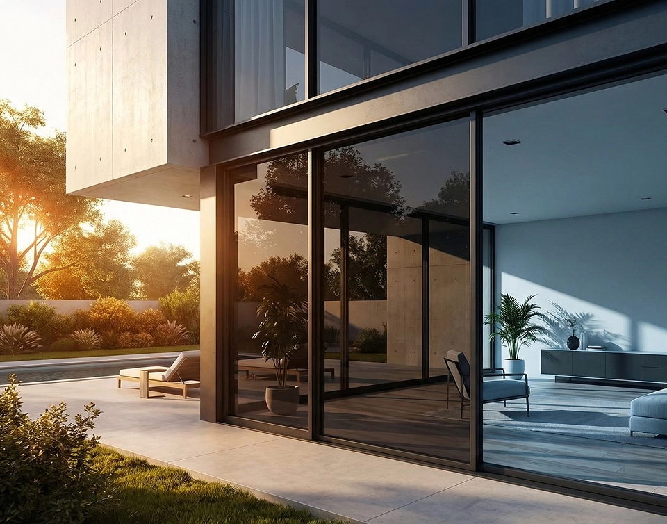 Residência de alto padrão com grandes janelas de vidro