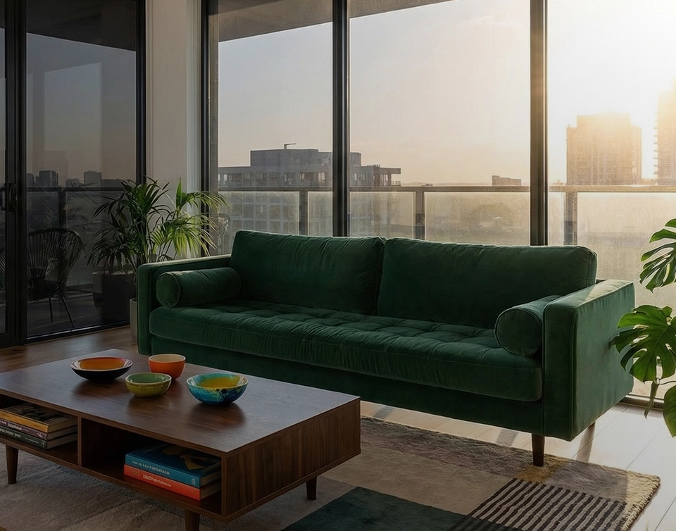 Uma sala com um sofá verde com uma janela grande ao fundo, mostrando a luz do sol entrando e iluminando o ambiente