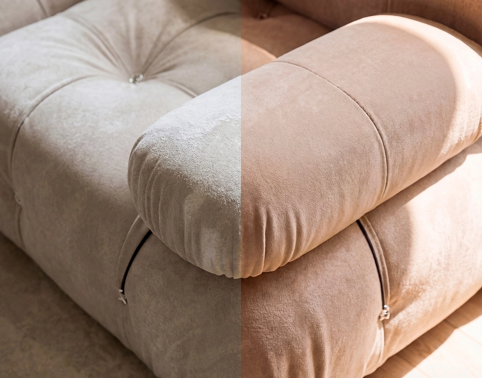 Um sofá com a metade esquerda da imagem estando desbotada e a metade direita da imagem com cores vivas, mostrando o efeito do desbotamento causado pelo sol