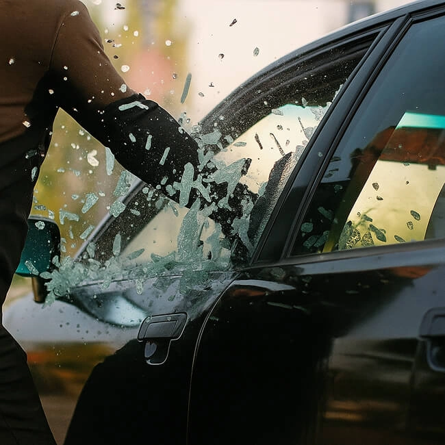 Imagem ilustrativa de uma pessoa quebrando o vidro de um carro