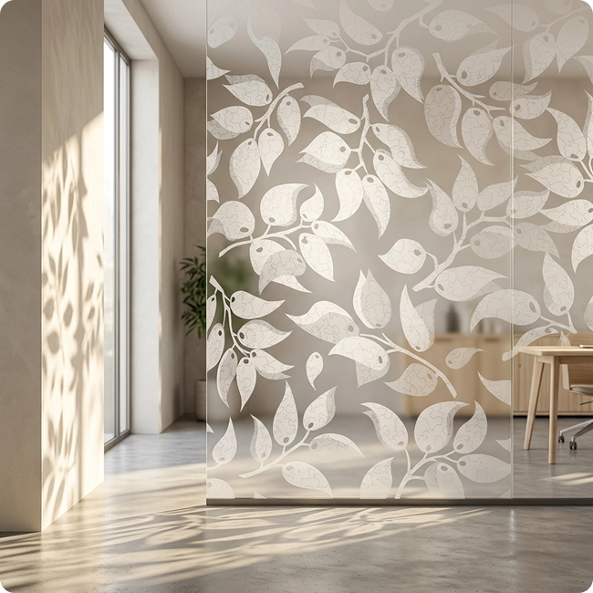 Ambiente de escritório com divisórias de vidro decoradas com a Película Decorativa Galhos, mostrando como o padrão vegetal suaviza a transparência do vidro, proporcionando privacidade parcial sem comprometer a entrada de luz natural