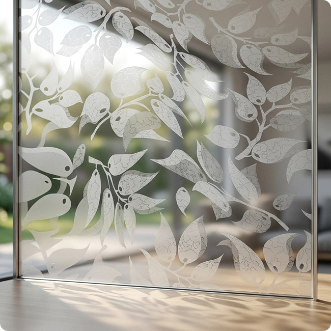 Ambiente moderno com janelas de vidro decoradas com a Película Decorativa Galhos, mostrando o padrão de galhos e folhas que traz leveza e movimento ao vidro