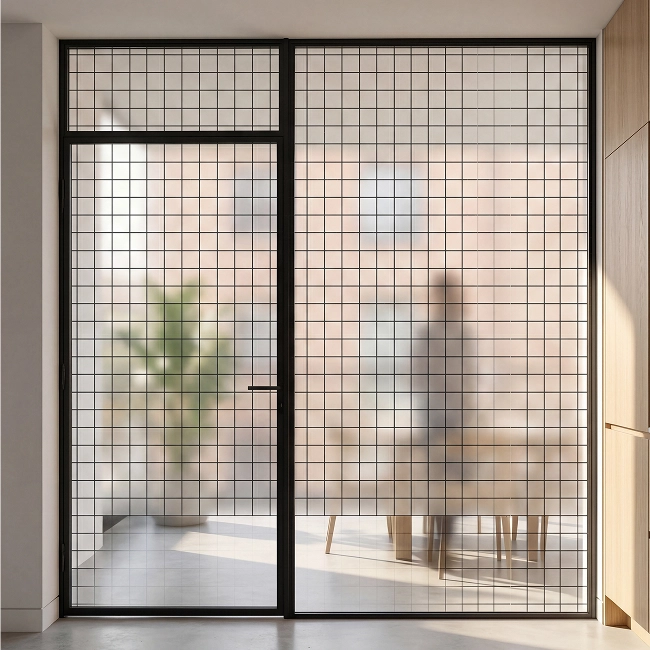 Ambiente de escritório com divisórias de vidro decoradas com a Película Decorativa Quadrado 2x2, mostrando como o padrão geométrico quadriculado proporciona privacidade parcial sem comprometer a entrada de luz natural
