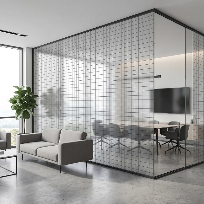 Ambiente com vidro aplicado com a Película Decorativa Quadrado 2x2, destacando o padrão geométrico simétrico que valoriza o design do espaço